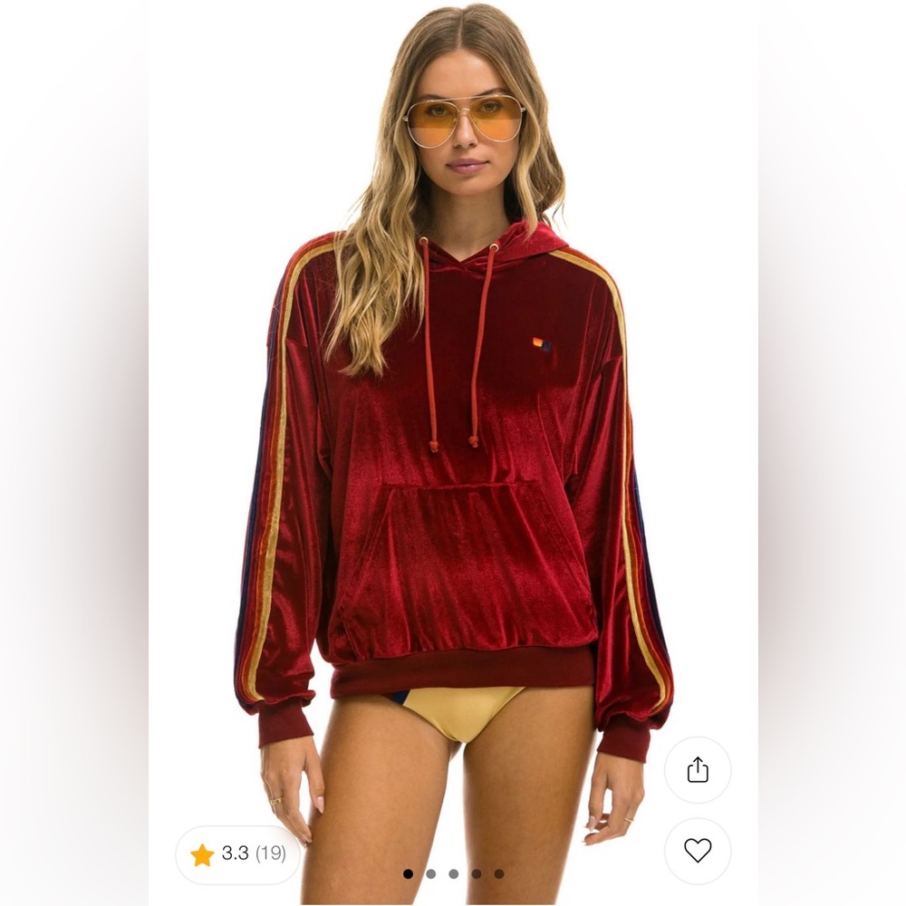 NWOT! Aviator Nation Red Velour Five Stripe Hoodie. Size Small